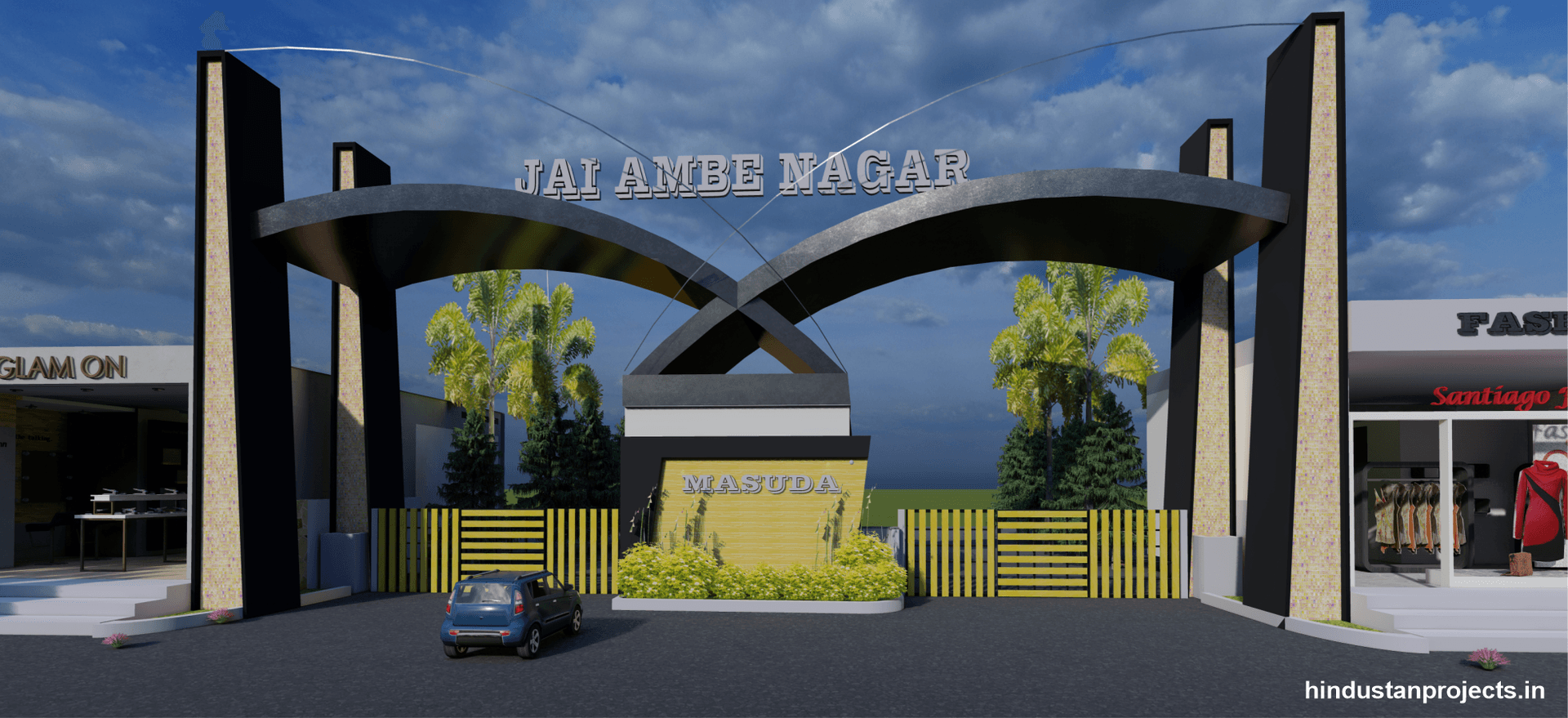 3D entrance gateway design for Jai Ambe Nagar Society in Masuda, with curved canopies and illuminated pillars