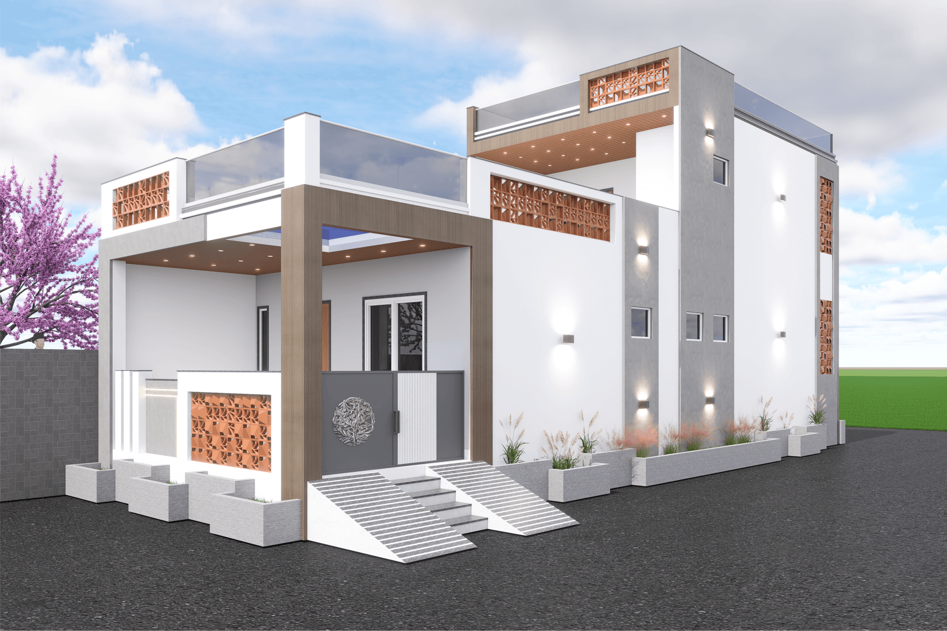 Modern exterior elevation design for Nand Singh Ji’s residence in Sharda Evergreen, Bhilwara
