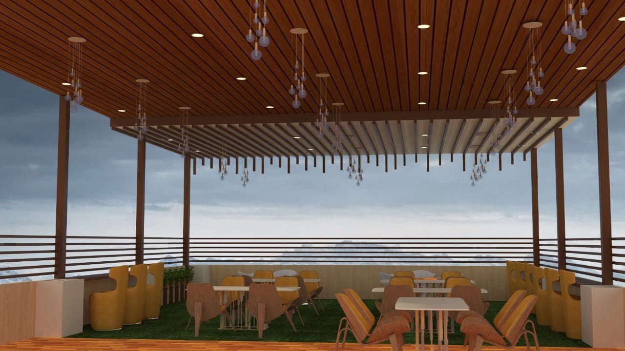 Open-air rooftop restaurant interior with timber pergola ceiling and pendant lighting in Bijaynagar