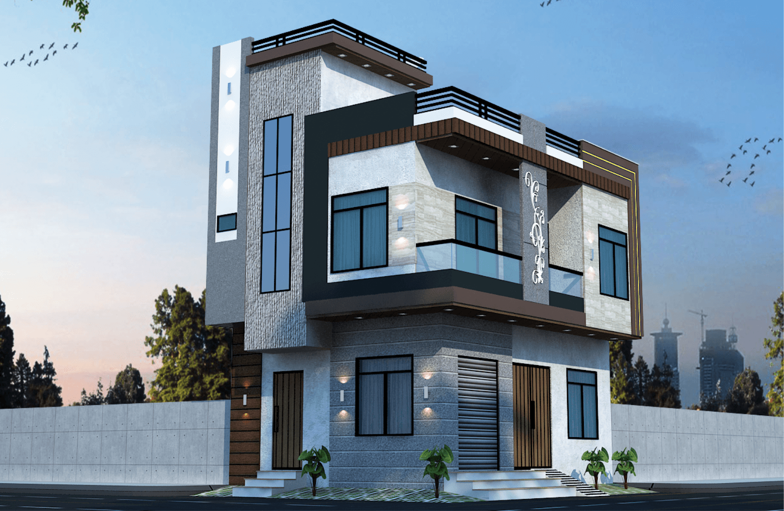 Contemporary layered exterior elevation design for Suresh Ji’s residence in Bhilwara