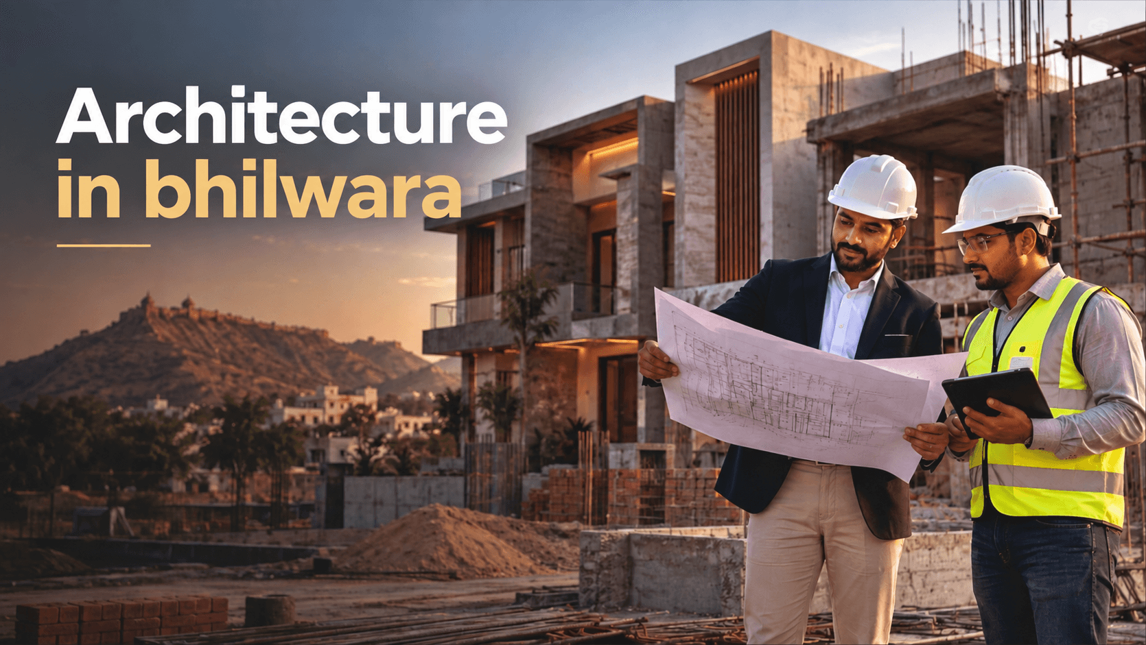 Architecture and Planning in Bhilwara Architect and civil engineer reviewing architectural plans for a modern house project in Bhilwara Rajasthan