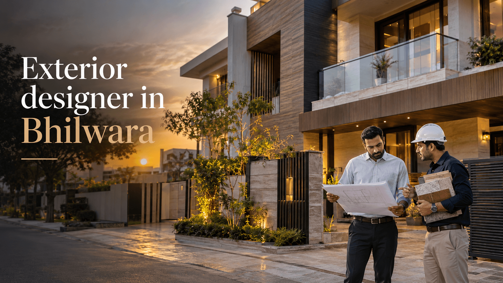 Exterior designer reviewing modern luxury house elevation and facade design in Bhilwara Rajasthan