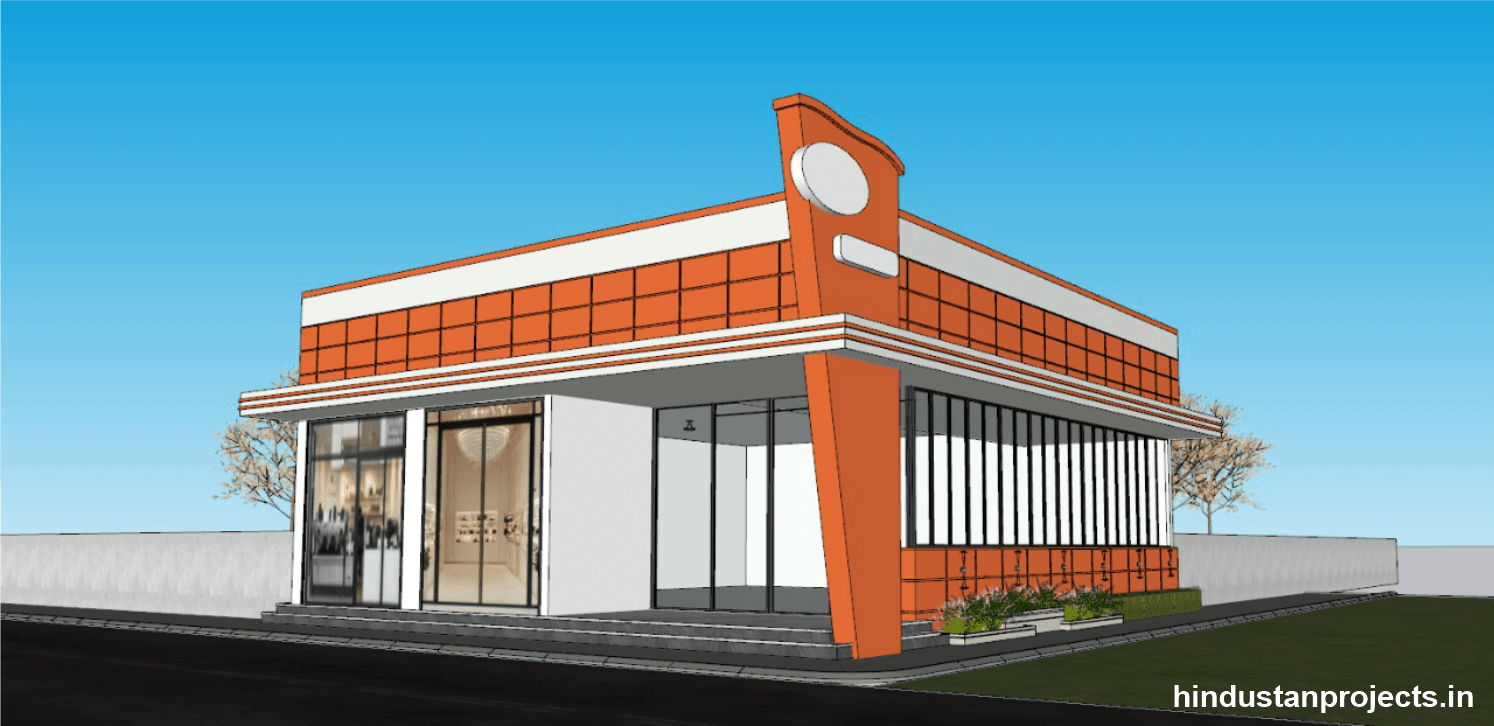 3D exterior elevation of a highway hotel in Karnataka with orange facade panels and a projecting corner feature