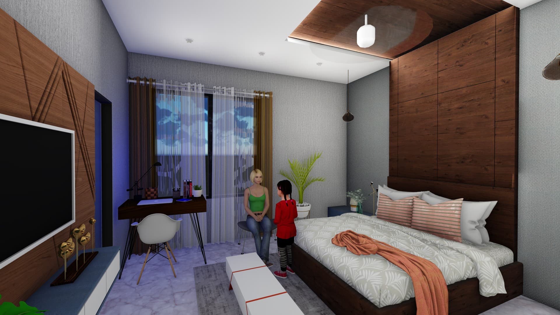 125 sq.ft. bedroom interior design with timber panels, TV wall, window-side desk, and layered lighting