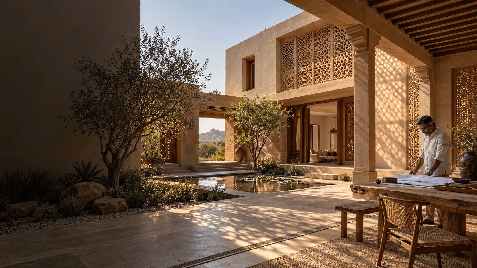 Modern Rajasthan architecture combining courtyard, stone jali and sustainable climate responsive design