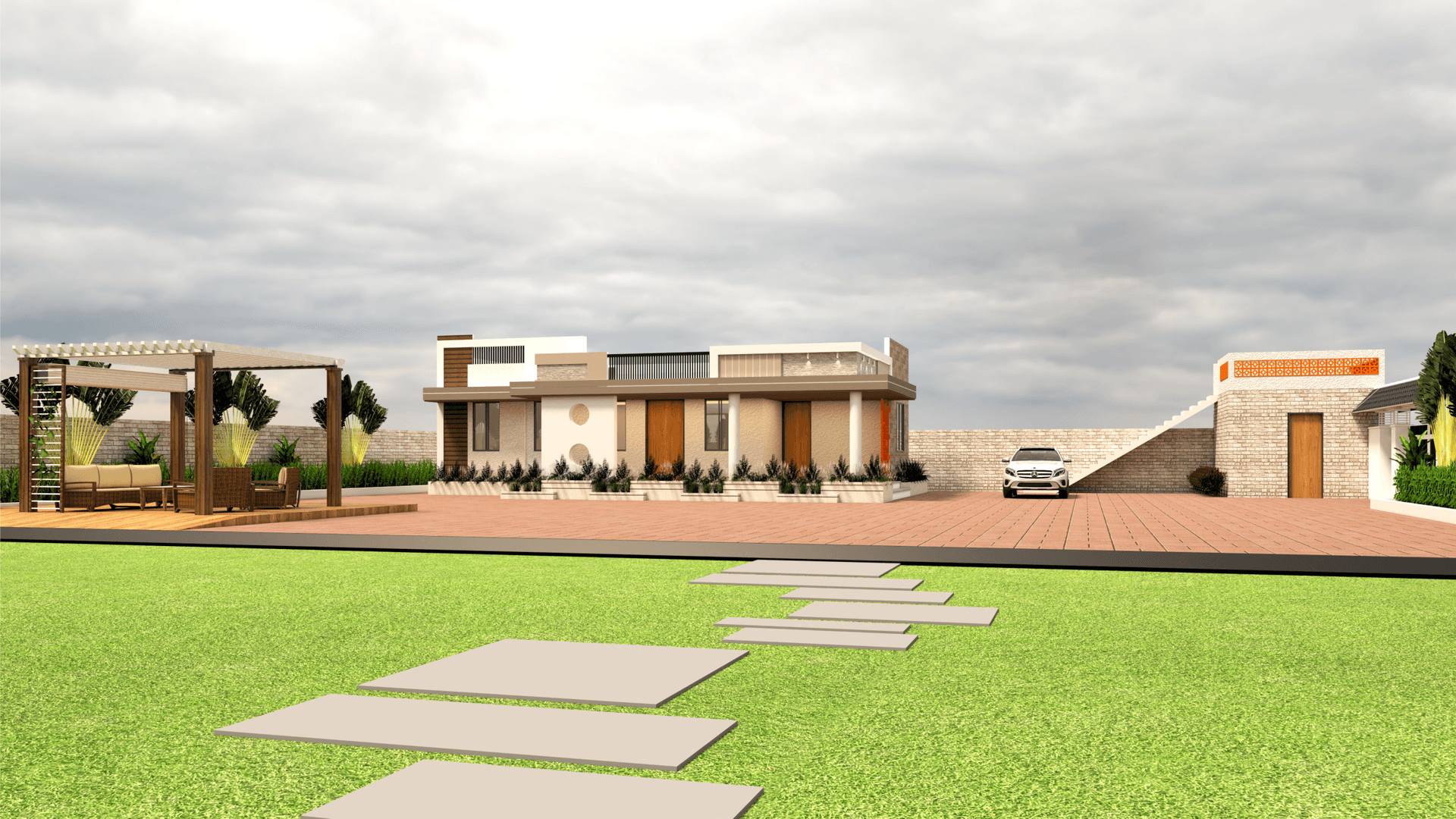 Vinod Bhandari farmhouse exterior elevation with timber-look veranda canopy and terracotta jaali in Harni