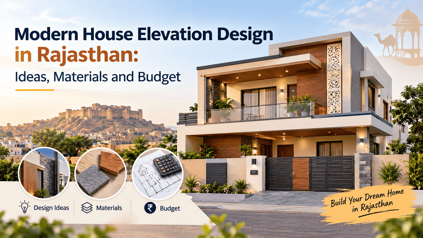 Modern House Elevation Design in Rajasthan Modern two-storey house elevation design with stone accents and contemporary exterior finishes.