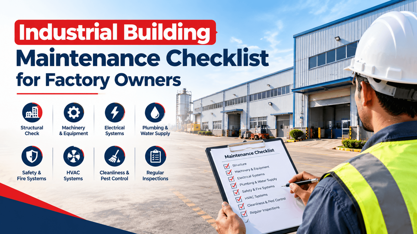 Industrial Building Maintenance Checklist for Factory Owners Maintenance supervisor reviewing an industrial building inspection checklist inside a factory shed