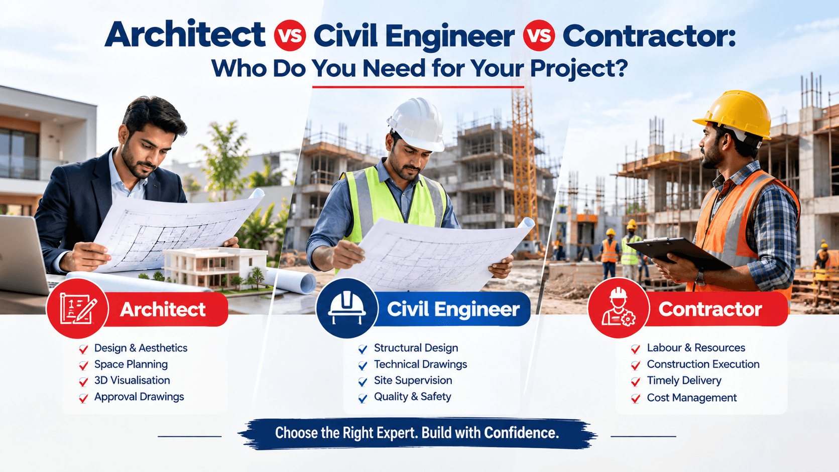 Architect vs Civil Engineer vs Contractor Architect, civil engineer, and contractor reviewing construction drawings at a building site.