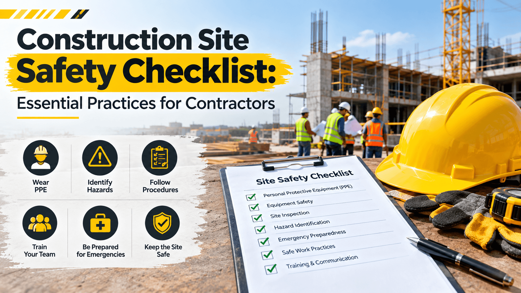 Construction Site Safety Checklist for Contractors Construction supervisor conducting a safety briefing with workers at a building site.