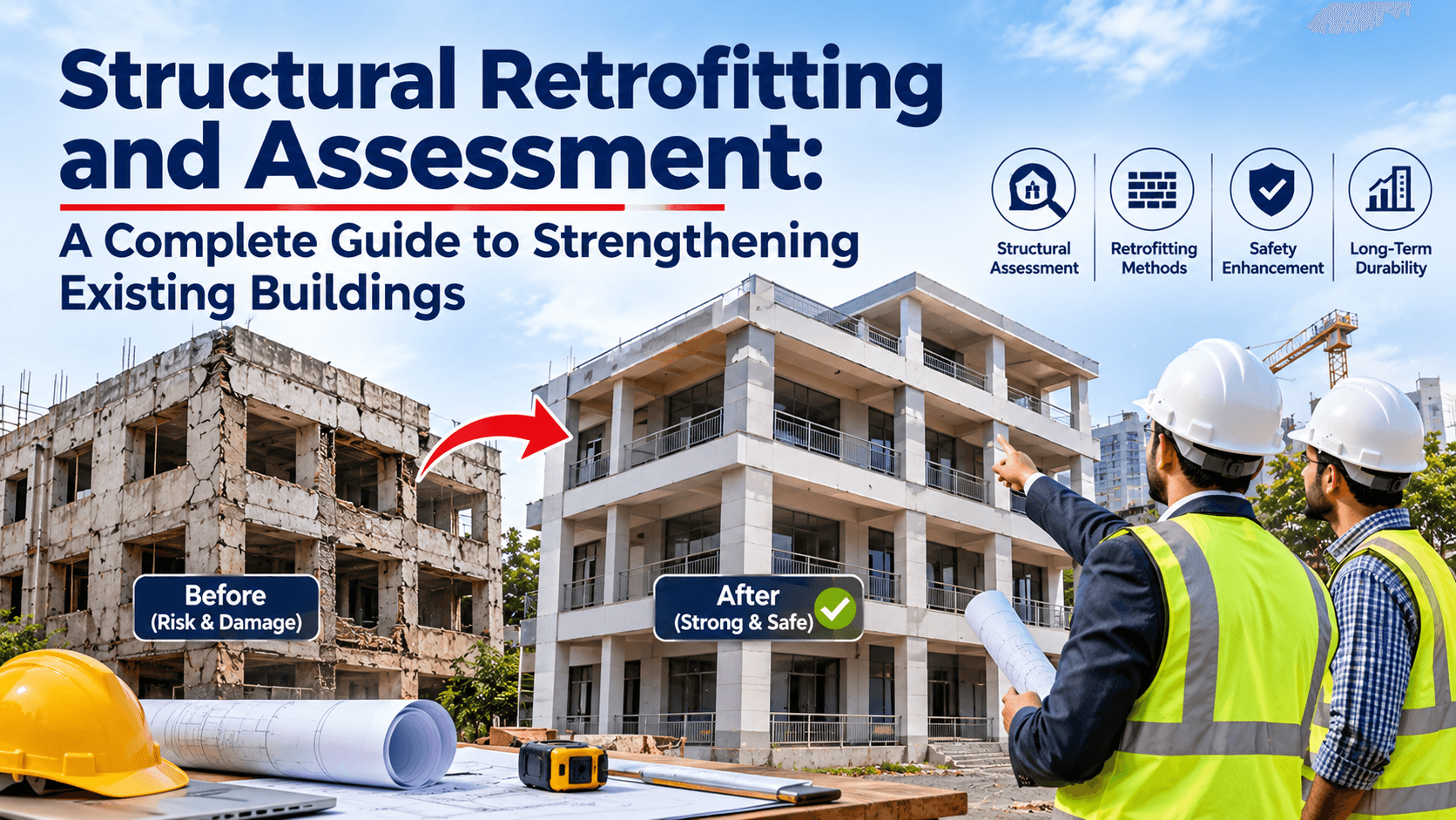 Structural Retrofitting and Building Assessment Structural engineer inspecting an existing reinforced concrete building for structural retrofitting.
