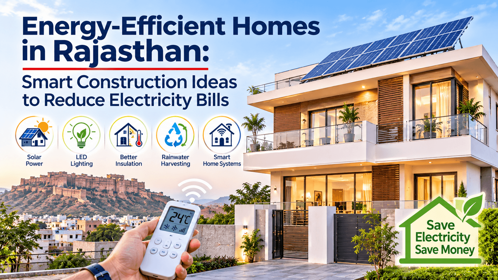 Energy-Efficient Home Design in Rajasthan Energy-efficient home in Rajasthan with shaded windows, a light-coloured roof, courtyard, and rooftop solar panels.