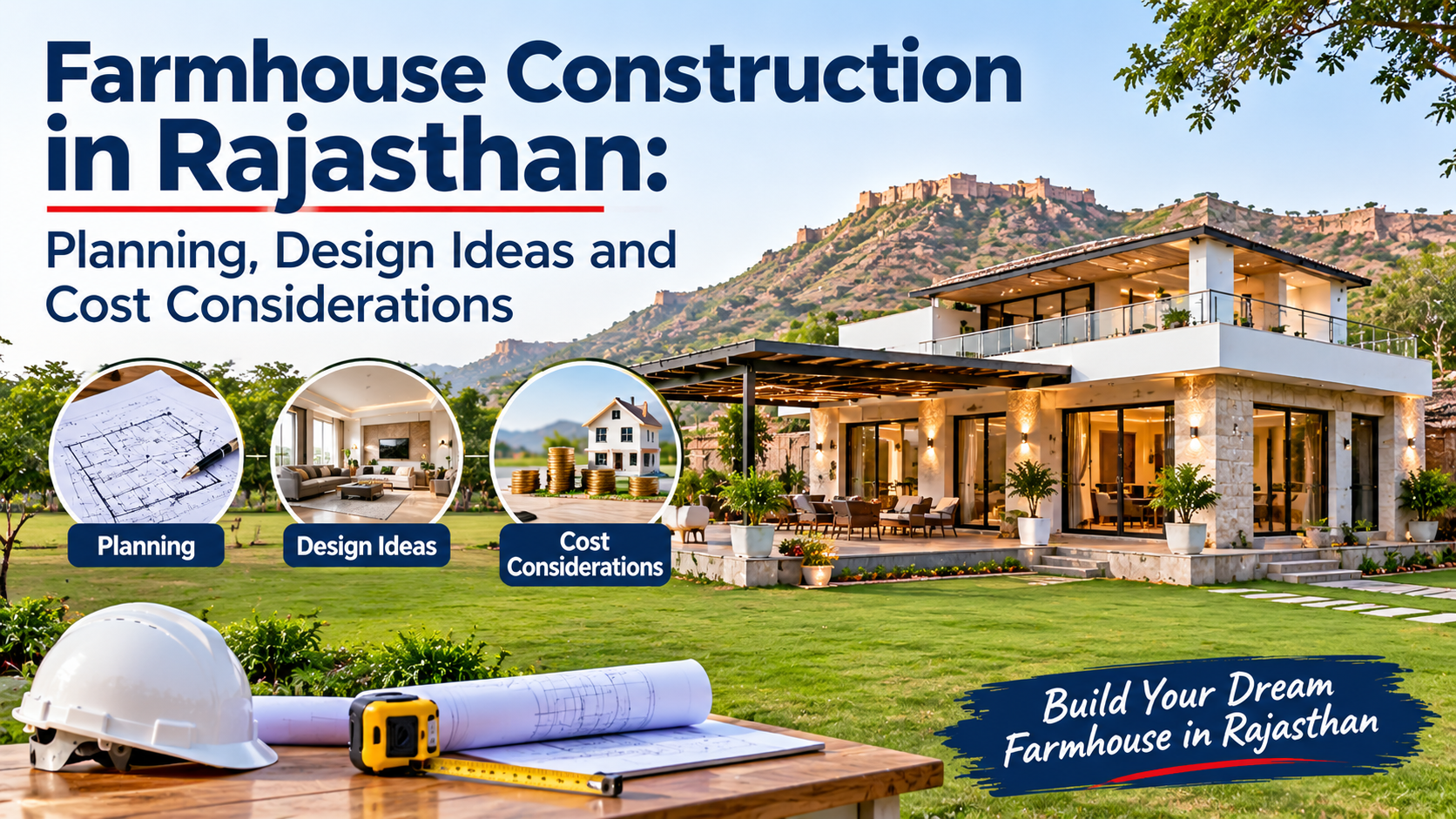 Farmhouse Construction in Rajasthan Modern farmhouse in Rajasthan featuring traditional-inspired architecture, shaded verandah, stone finishes, and landscaped outdoor space.